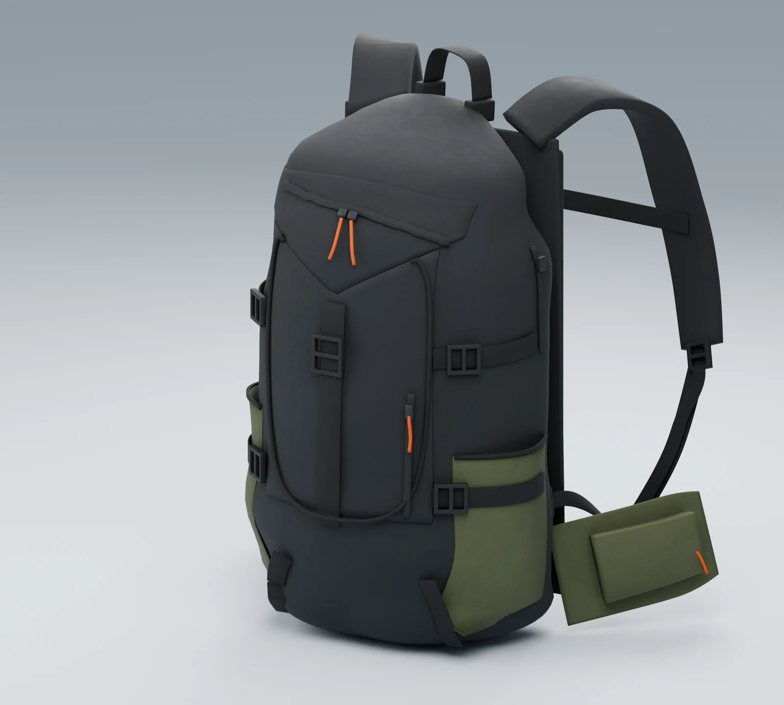Rebuilt charcoal and olive backpack with orange zipper pulls in a softly lit studio