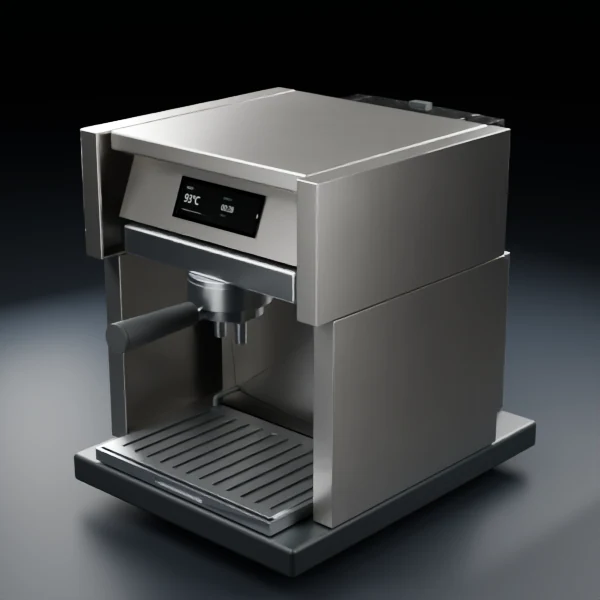 Espresso machine with brushed metal panels in a dark studio