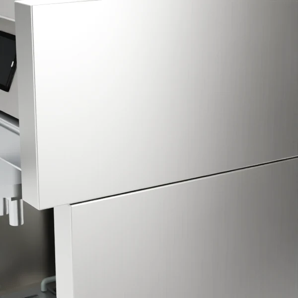 Close view of directional brushed metal on the espresso machine