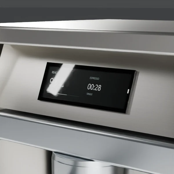 Close view of the espresso machine black control glass and display
