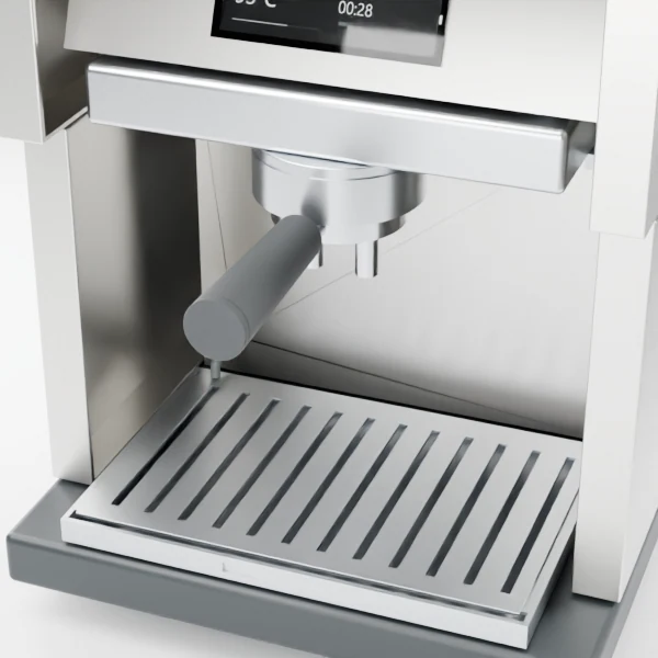 Brew group, portafilter and steel tray detail