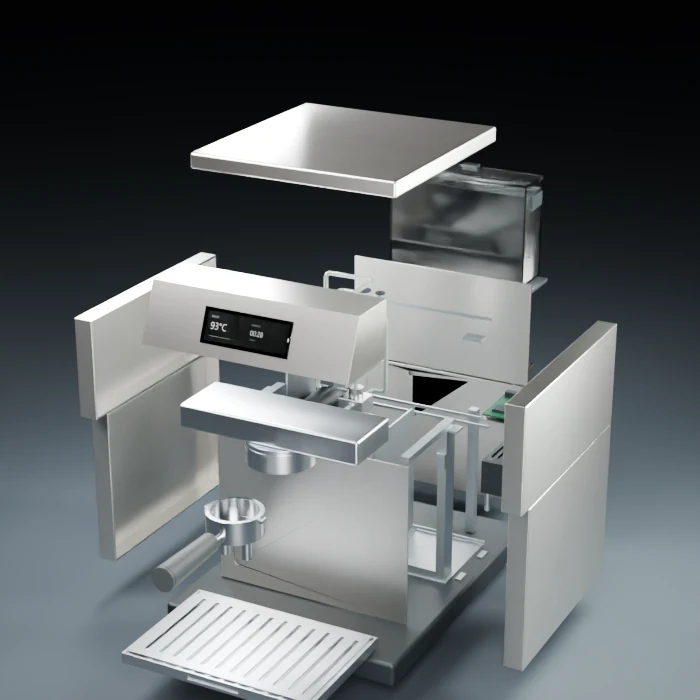 Exploded view showing the separated main systems of the espresso machine
