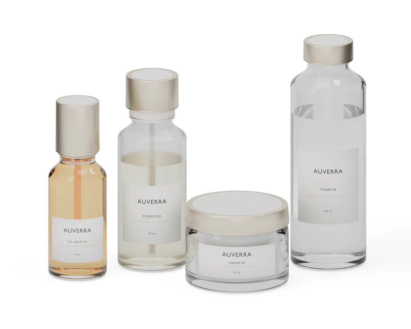 Four AUVERRA skincare glass containers in a bright studio