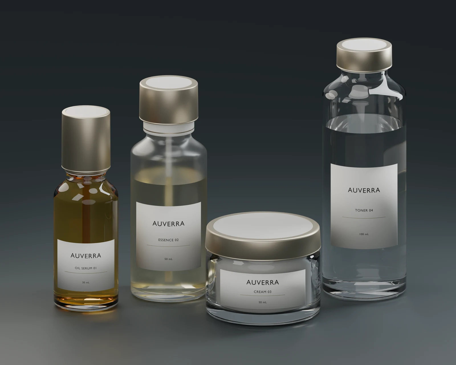 Four fictional AUVERRA skincare containers in a dark studio