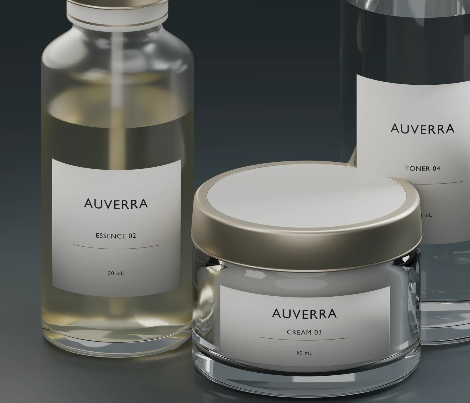 Comparison of fictional essence, cream and toner material appearances