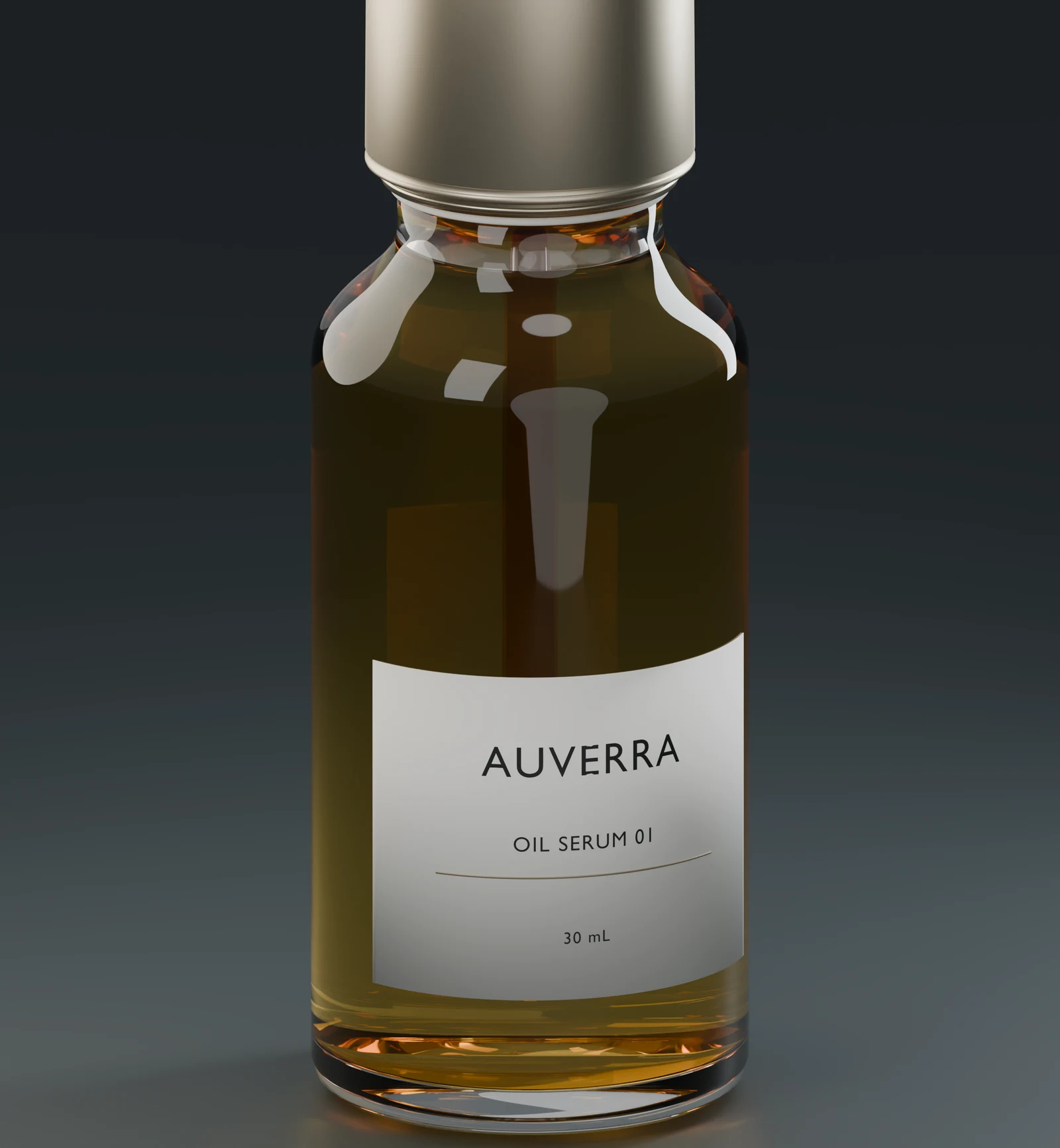 Close view of amber oil, transparent glass and dropper details