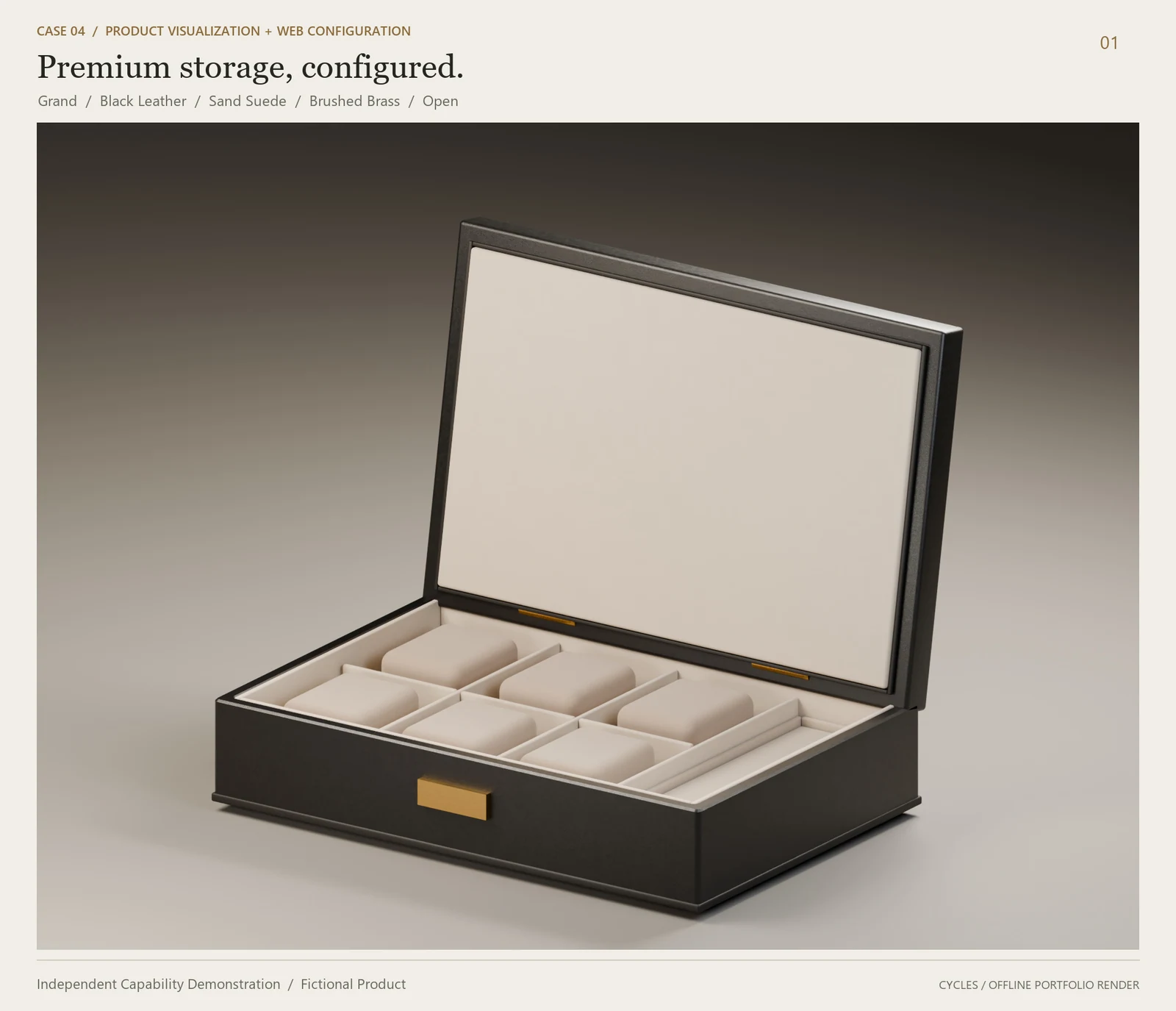 Open black leather storage case with sand suede compartments and a brass clasp