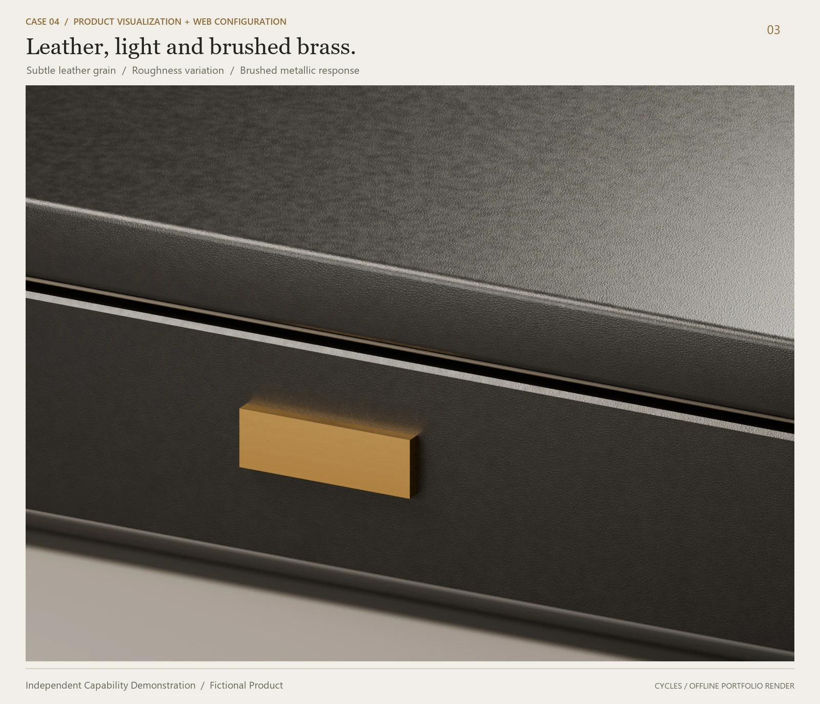 Close view of black leather grain and brushed brass hardware