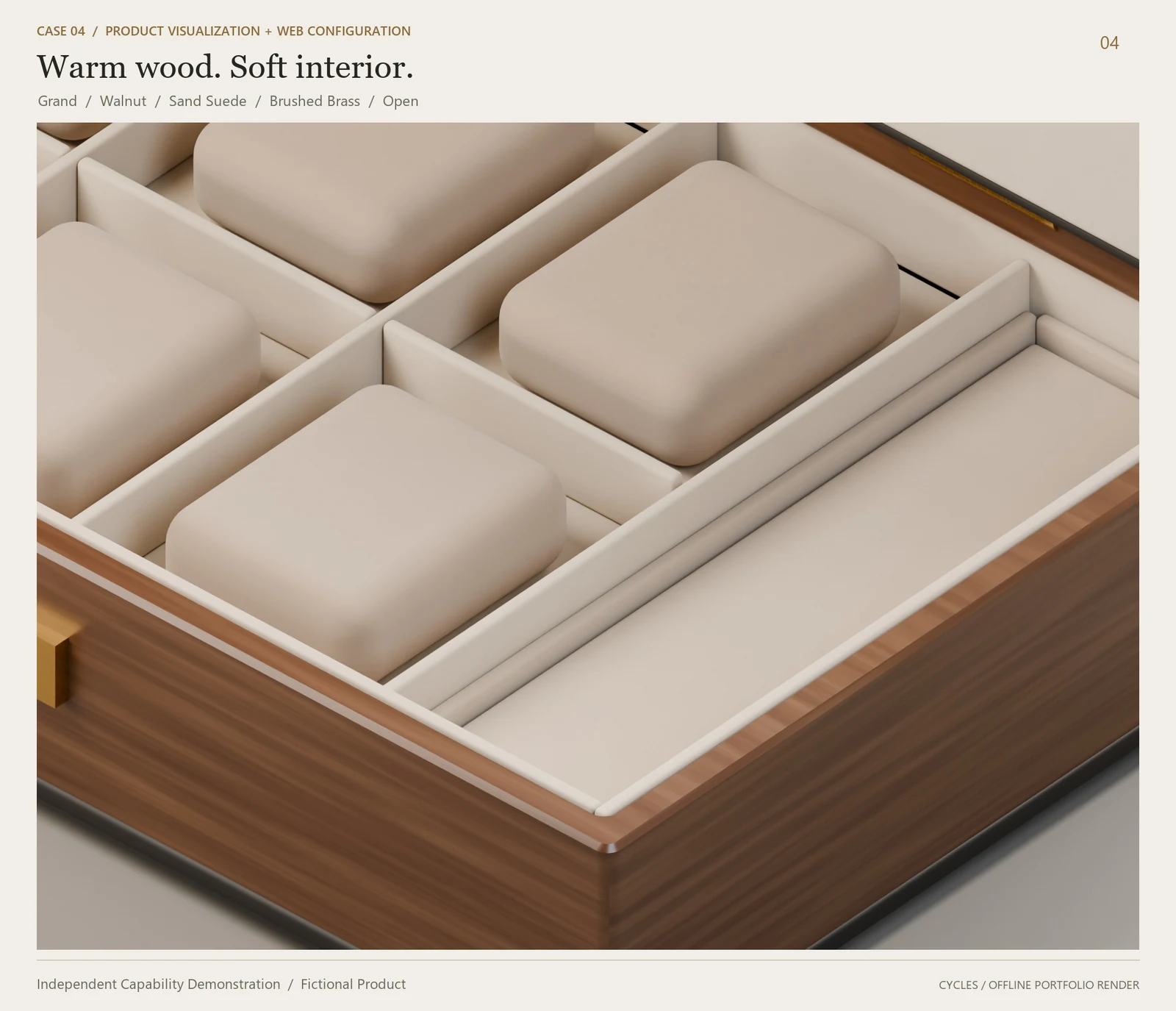 Close view of suede-lined compartments and walnut surfaces