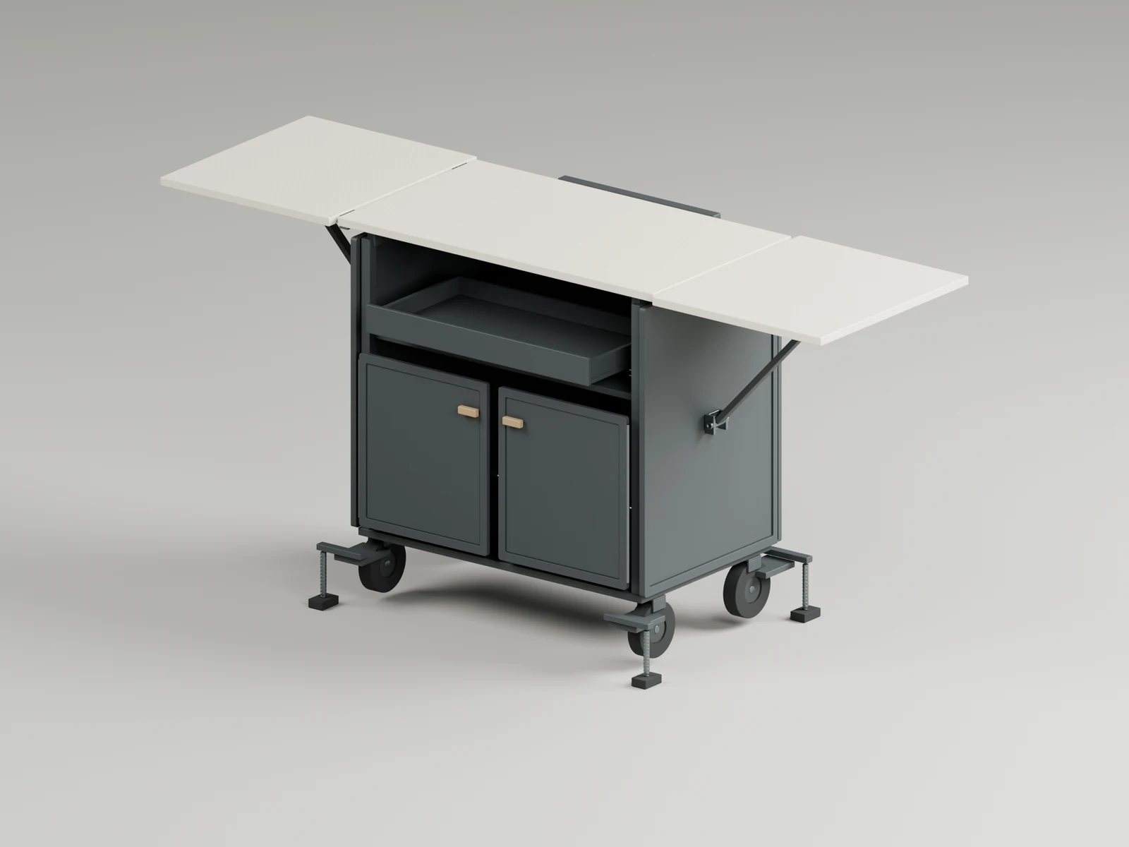 FIELD FOLD workstation with its side work surfaces open